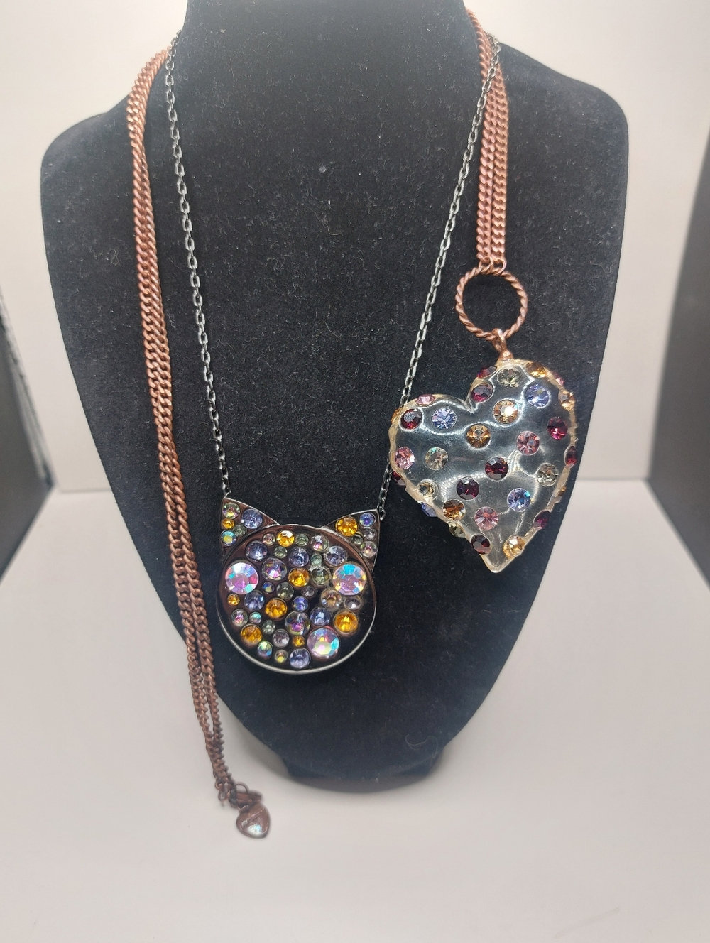 Betsey Johnson Rhinestone Necklaces Heart and Cat -Missing Stones